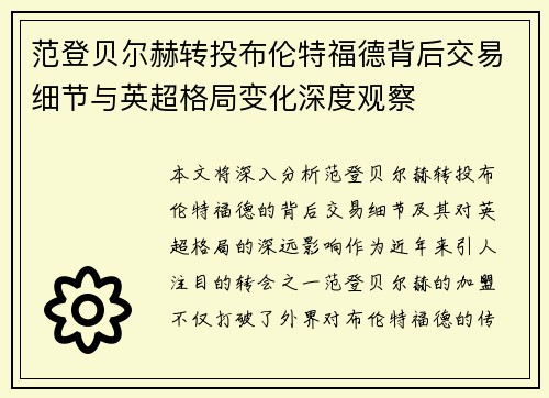 范登贝尔赫转投布伦特福德背后交易细节与英超格局变化深度观察 范登贝尔赫转投布伦特福德背后交易细节与英超格局变化深度观察