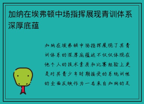 加纳在埃弗顿中场指挥展现青训体系深厚底蕴 加纳在埃弗顿中场指挥展现青训体系深厚底蕴